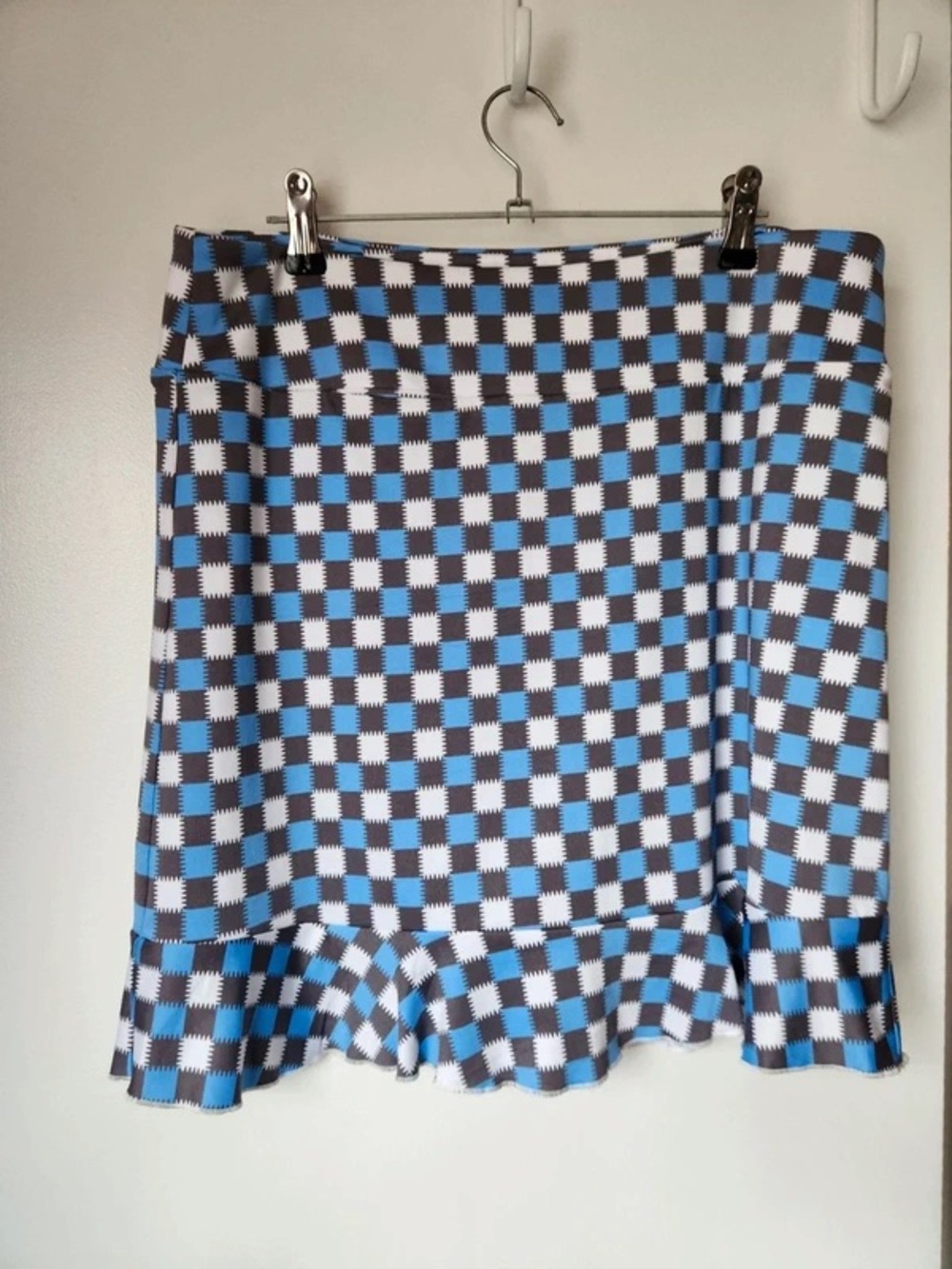 Blue and White Checkered Ruffle Hem Skirt